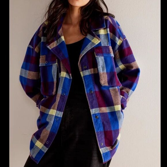 Free People We the Free Izzy Plaid Cargo Shacket Purple Citron Combo NWOT - Picture 1 of 6